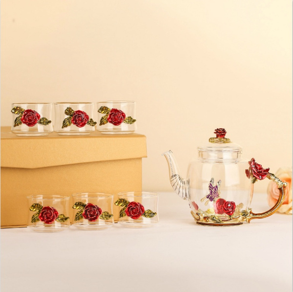 Crystal Glass Tea Set Teapot Cup Set Rose Flower Tea Glass Cups for Hot