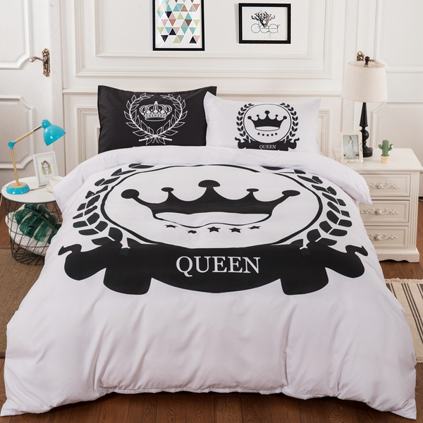 White Crown Quilt Duvet Cover Set Pillow Case Twin Full Queen King Bedding Black 