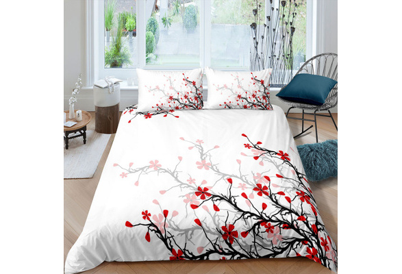 Pink Red Ambesonne Asian Duvet Cover Set Japanese Cherry Branches Over The Sun with Mountain Reflection Hill Season Image Twin Size Decorative 2 Piece Bedding Set with 1 Pillow Sham 