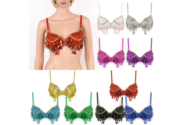 Women's Sequin Sparkly Beaded Bra Top Rave Dance Club Wear Belly Dancing  Sexy Costume