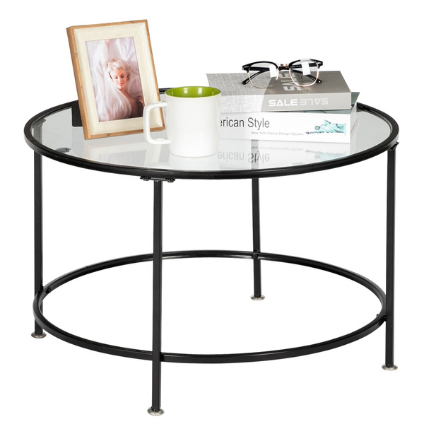 2 Layers 5mm Thick Tempered Glass Countertops Round Wrought Iron Coffee Table Black Wish - Black Wrought Iron Coffee Table