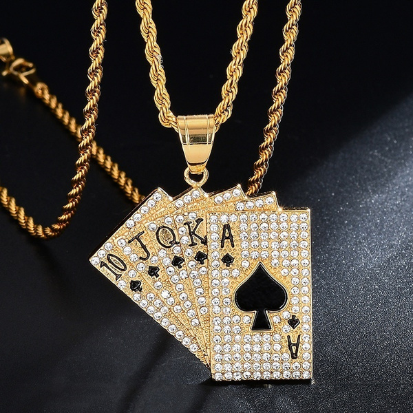 New Hip Hop Zircon Playing Card Flush Straight Pendant Necklace Fashion  Men's Golden Playing Card Necklace Jewelry