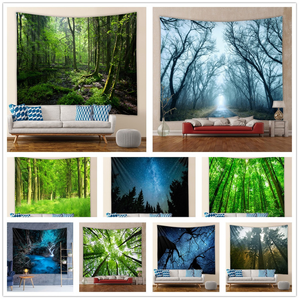 Starry Forest Trees Tapestry Night Sky Fantastic Galaxy Landscape Wall Hanging 