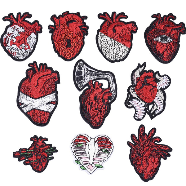Gem Heart Sticker Embroidered Patches Clothing Badges Hippie Red Heart  Human Organs Patch Iron on Patches On Clothes Stripes
