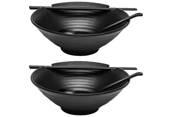 Black Melamine Japanese Style Soup Bowls with Chopstick... 2 x Ramen Bowl Set 