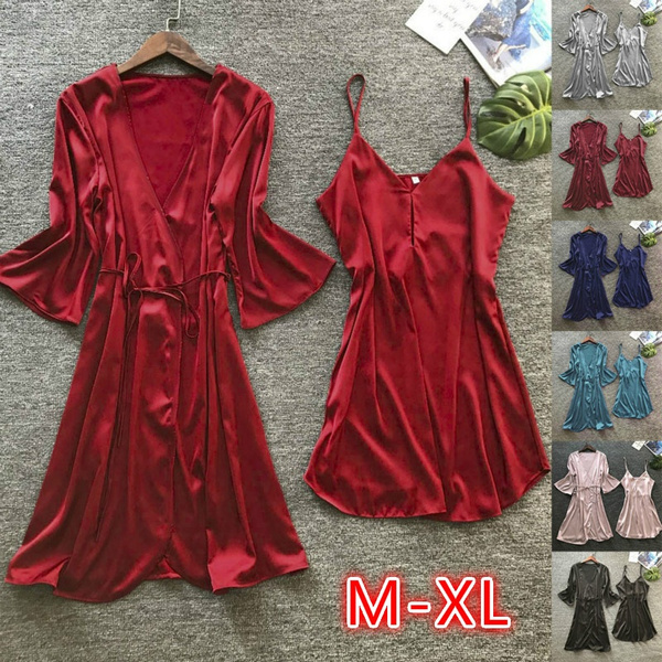 Boosah Women's Printed Satin 2 piece Night Dress/Set of 2 Black & Red  Spaghetti Nighty with robe/Heart Printed Sleepwear/Bridal Nightwear/Nightgown  Robe Set