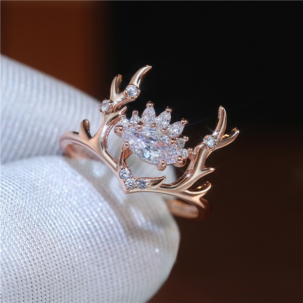 Diamond Crystal Elk Antlers Rings Deer Horn Zircon Lovers Couples Rings for Women Engagement Wedding Jewelry Gift