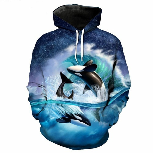 Blue Ocean Fish Print Hooded Sweatshirt Men