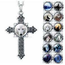 Antique, necklaces for men, Cross necklace, wolfheadnecklace