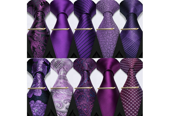 Barry.Wang Purple Ties for Men Paisley Stripes Check Satin Silk  NecktieHanky Cufflinks Gold Tie Clip for Wedding Business
