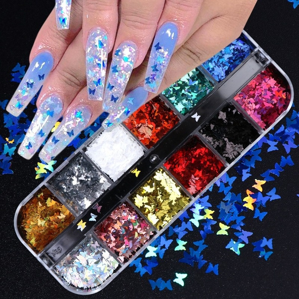 Download 12 Grid Set Holographic Nail Glitter Nail Sequins Sparkly 3d Butterfly Flakes Polish Decor For Nail Art Accessories Wish