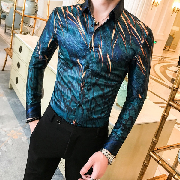 Men Casual Printing Vintage Slim Long Sleeve Dress Shirt Blouse Tops RNTOP Mens Button Down Shirts