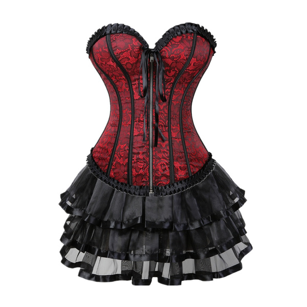 Sexy Zipper Front Corset Dress Overbust Corsets and Bustiers Vintage Floral  Victorian Costume Corset Lingerie Top With Tutu Skirt for Women Plus Size