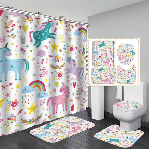 3d Pattern Cartoon Rainbow Unicorn Shower Curtain Bathmat Toilet Cover For Kids Rug Kid Bathroom Set Shower Curtain Toilet Pedestal Rug Toilet Cover Bath Mat Wish