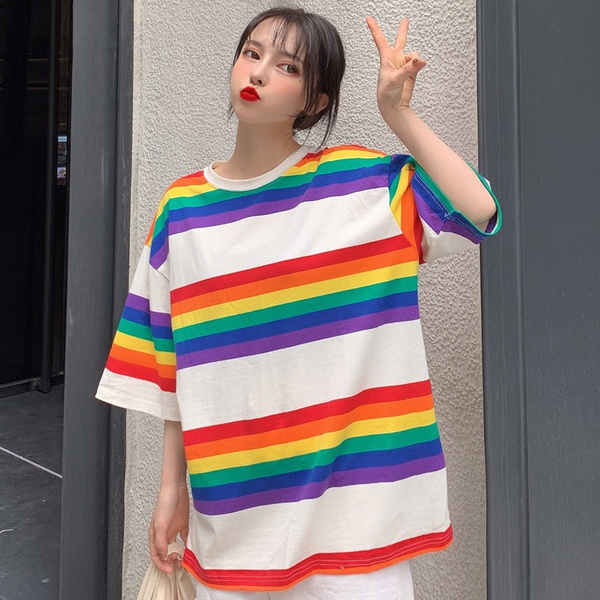 Women Rainbow Striped T-shirt Blouse Top Short Sleeve Baggy Oversized ...