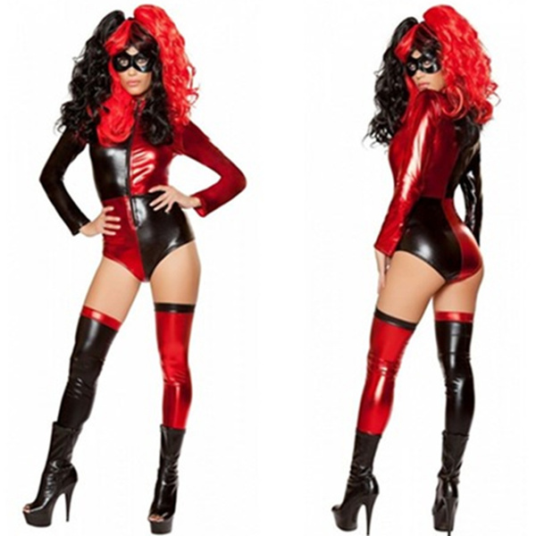 Harley Quinn Costume Adult red black bodysuit romper Halloween Fancy Dress