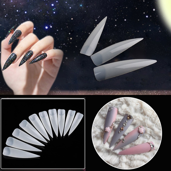 images Long Natural Color Acrylic Nails 100pcs long half cover stiletto false nail tips sharp acrylic fake nails natural color press on nails diy salon tools wish