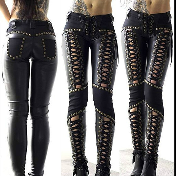 women's lace up leather pants