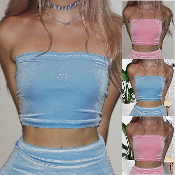 新しい夏ヨーロッパとアメリカのファッション女性ティーンセクシーなストラップレスバックレスクロップトップスエードラビングハートホットドリルチューブトップタンク Wish