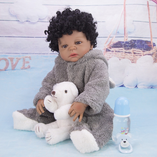 55cm African Americans Silicone Reborn Baby Doll Black Curly Hair Baby Boy Doll Children Gift Wish