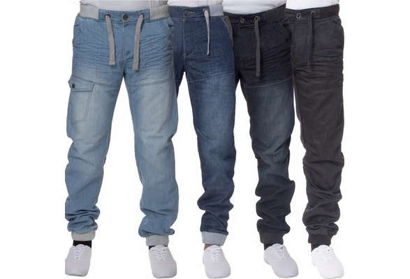 Men's Cuffed Washed Denim Jogger Jeans Rib Waistband Drawstring Denim Pants