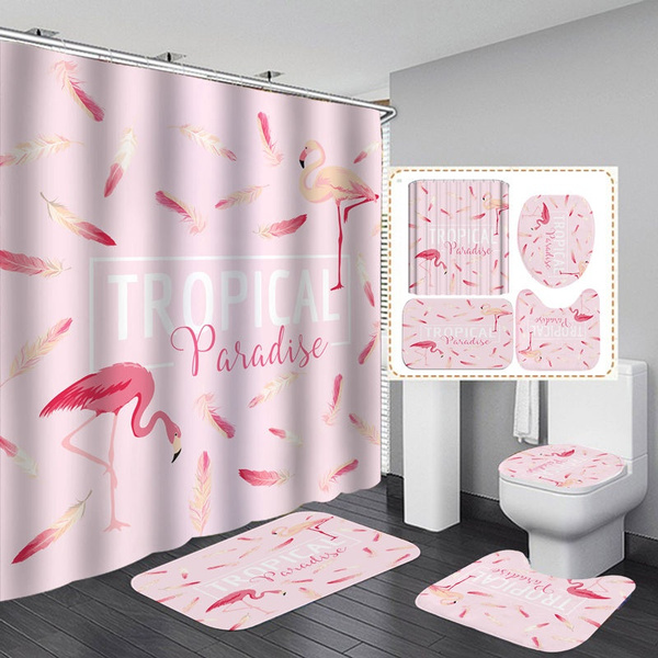 Pink Feather Flamingo Shower Curtain BathMat Toilet Cover Rug Bathroom Decor 