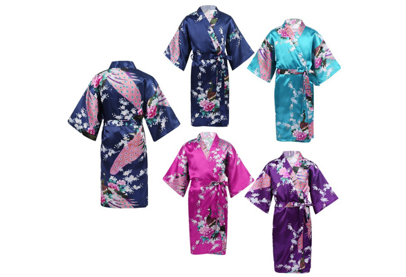 Childs Satin Kimono Robes for Girls Sleepwear Peacock Flower Robe for Spa Wedding Birthday Gift