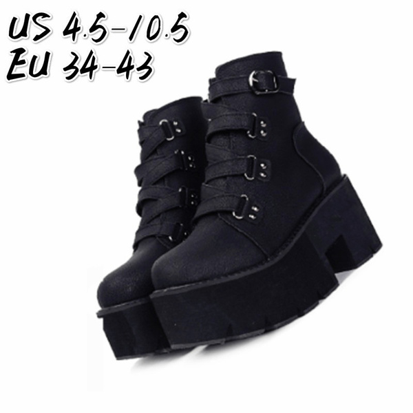 womens shoes Goth High platform wedge Punk Faux leather ankle boots lace up #55