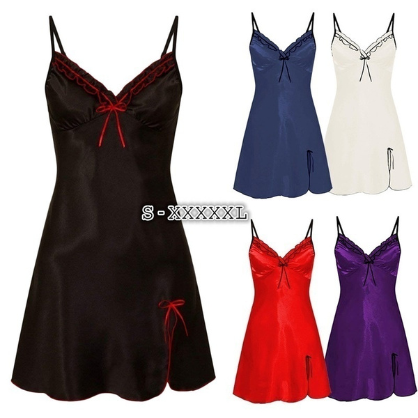 2020 Deep V Neck Women Satin Nightgown Sexy Lace Sleepwear Strap ...