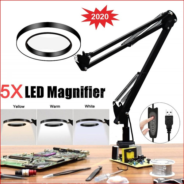 Lighting LED 5X Magnifying Lamp with Clamp Hands Free Magnifying Glass Desk  Lamp Adjustable Swivel Arm