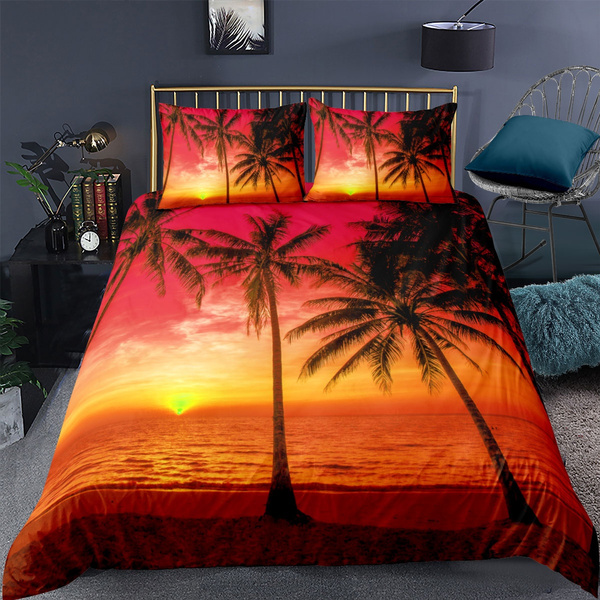 King Sunset Beach Comforter Cover, King Size Bedspread With Palm Trees