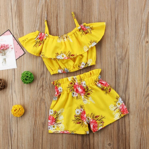 Toddler Baby Girl Summer Outfits Off Shoulder Shirt Top and Floral Belted Shorts Clothing Set