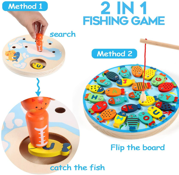 30 PCS Magnetic Fishing Game Toddler Wooden Toys Preschool Alphabet Fish  Board Games for 2 3 4 5 Year Old Girls Boys Kids Birthday Learning  Education Math Toys with Magnet Poles