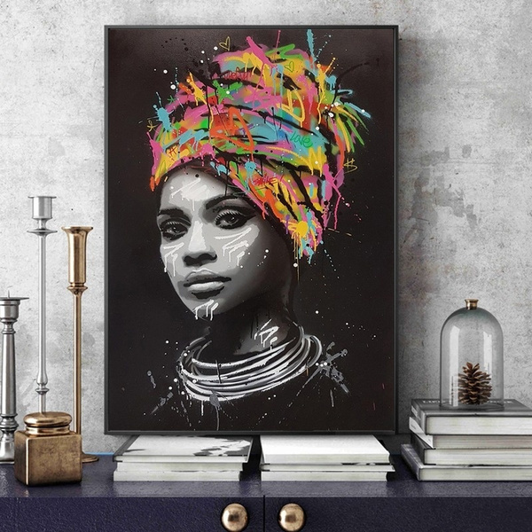 African Woman Graffiti Portrait Canvas Painting Abstract Wall Art Posters Prints 