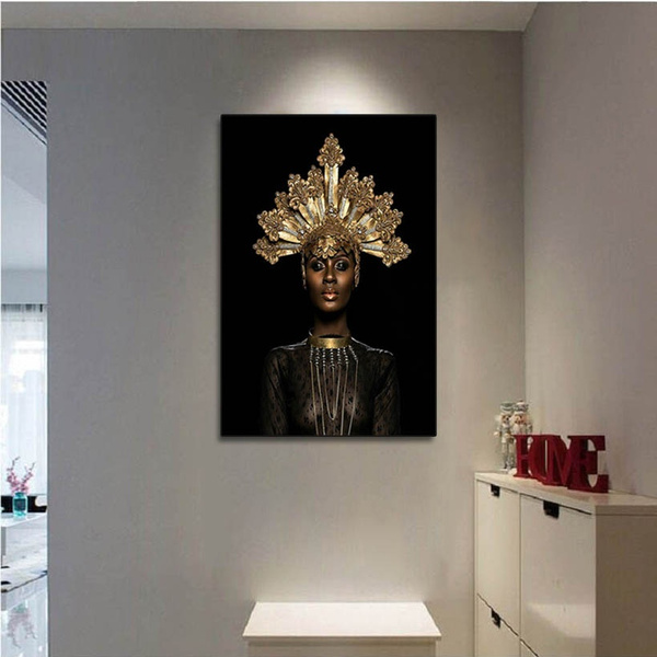 1PCS Gold Crown Black African Woman Poster Framed Wall Art Canvas Painting Decor 