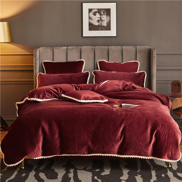 Wine Red 7pieces Bedding Sets, Red Flannel Duvet Cover Queen Size