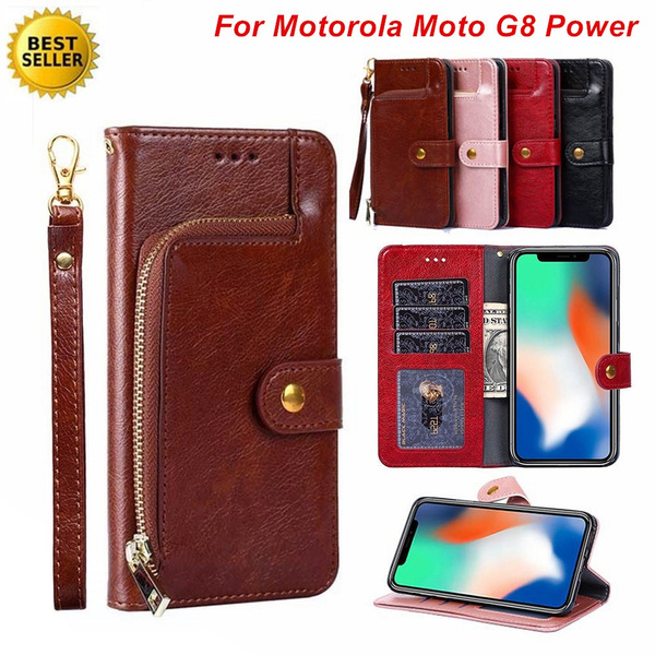 Zipper Luxury Leather Wallet Case Flip Cover For Motorola Moto G8