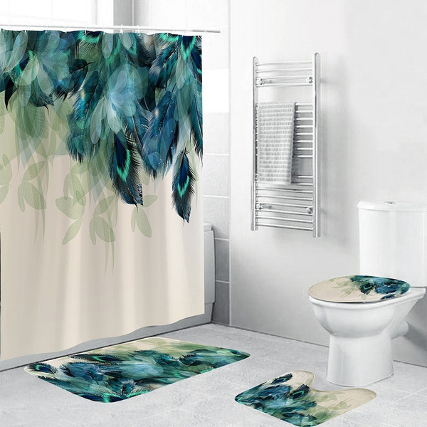Details about   Modern Waterproof Shower Curtain Peacock Tail Print Decor+3PCS Toilet Mats U * 