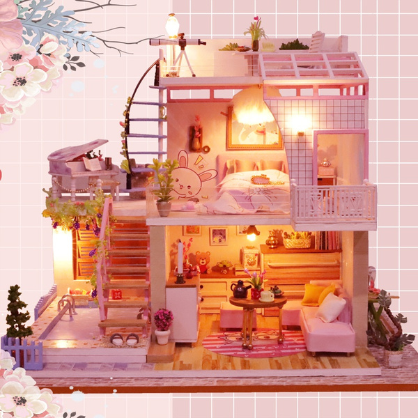 DIY 3D Wooden Dollhouse Kit Pink Dream Doll Houses with Miniture