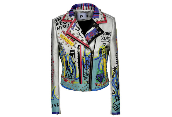 Graffiti leather outlet jacket womens