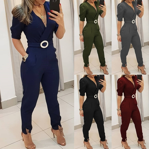 5 Colors New Ladies Vogue Solid V Neck Half Sleeve Jumpsuit Fashion ...