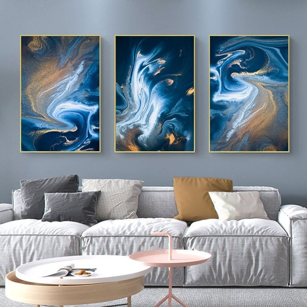 Blue Golden Abstract Graphics Art Canvas Poster Wall Picture Modern Home Decor 