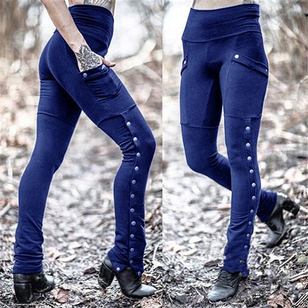 Women Solid Color Leggings Rivet Split 