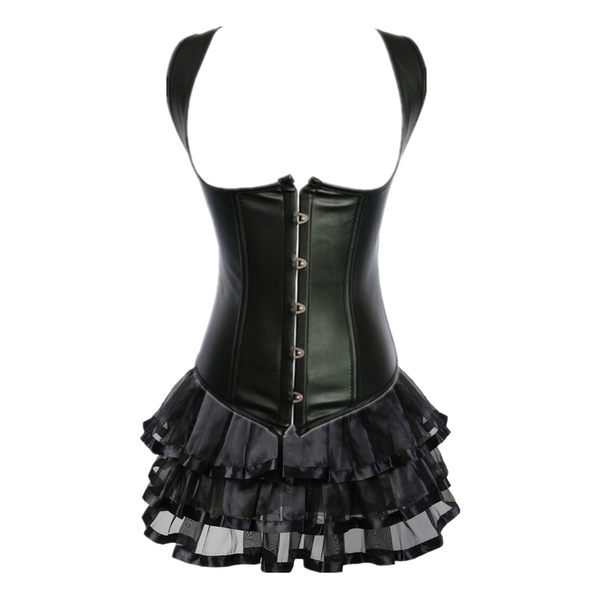 Women Black Faux Leather Corset Dress Gothic Underbust Corsets and Bustiers  With Mini Tutu Skirt Showgirl Costumes Waist Training Corselete Body  Shapewear | Wish