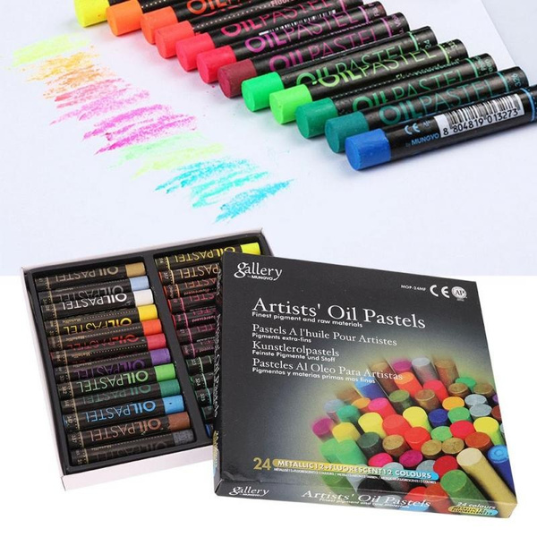 24 Pcs Colored Crayons Oil Pastel Fluorescent Metallic Mixing