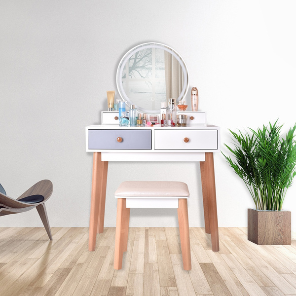 Vanity Table Set With Lighted Led Touch Screen Dimming Round Mirror Makeup Dressing 2 Sliding Drawers 1 Cushioned Stool For Bedroom Wish Vanity Table Set With Lighted Led Touch, Vanity Set With Round Lighted Mirror