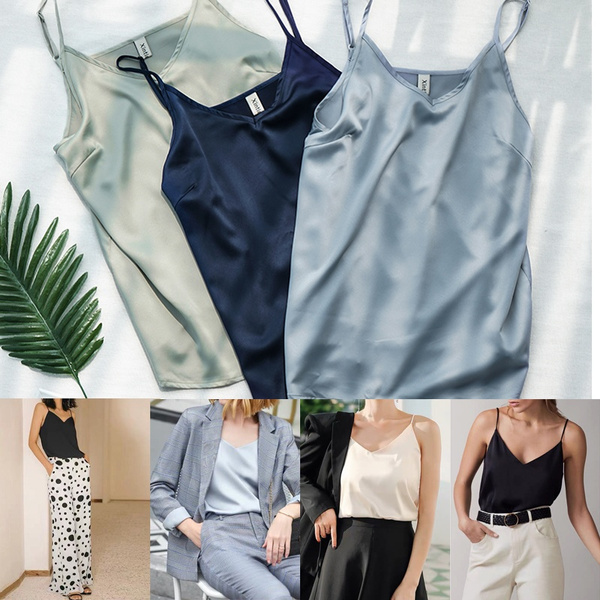 Summer Women V Neck Sleeveless Silk Satin Camisole Tank Top Shirts Plus  Size Tee