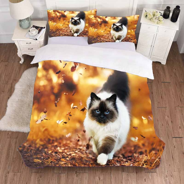 Cat Print Bedding Set Black Leaf Duvet Cover Sets Pillowcase US/AU/EU