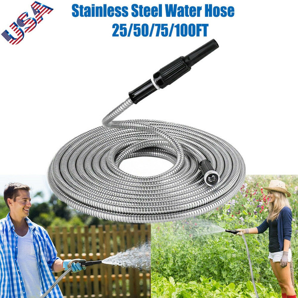Stainless Steel Metal Garden Water Hose Pipe 25 50 75 100FT Flexible Lightweight 
