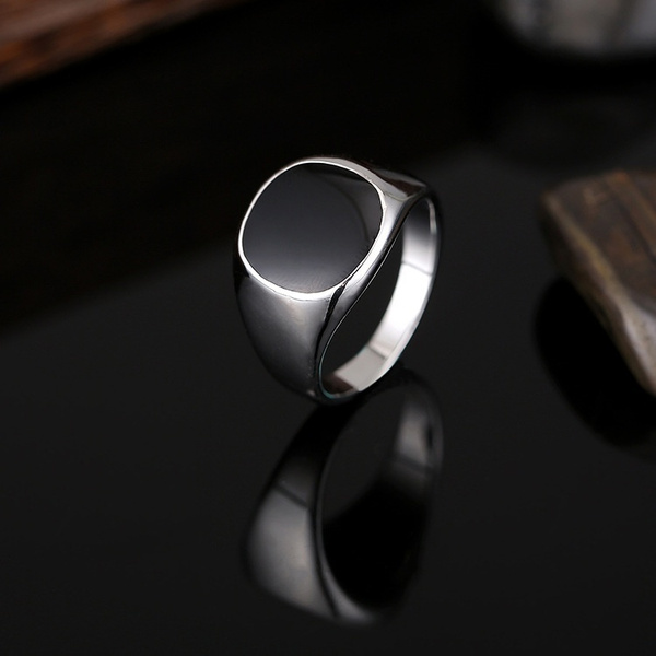 Stylish 13mm Signet Rings for Men, Waterproof Stainless Steel Finger Band  with Black Enamel Male Rock Punk Ring Jewelry